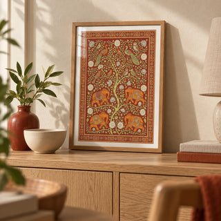 Elephant Tree Wall Art, a small A4 framed print leaning on a pale oak sideboard in a living room