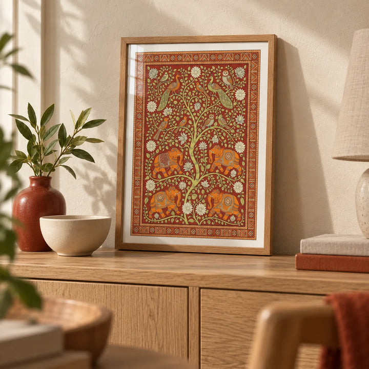 Elephant Tree Wall Art, a small A4 framed print leaning on a pale oak sideboard in a living room