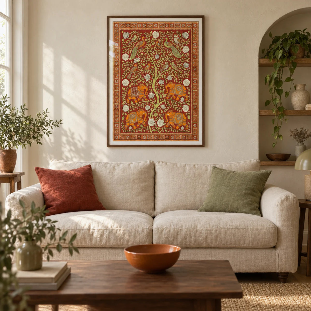 Elephant Tree Wall Art, framed on the wall of a warm living room in a British terraced house with cream limewashed walls