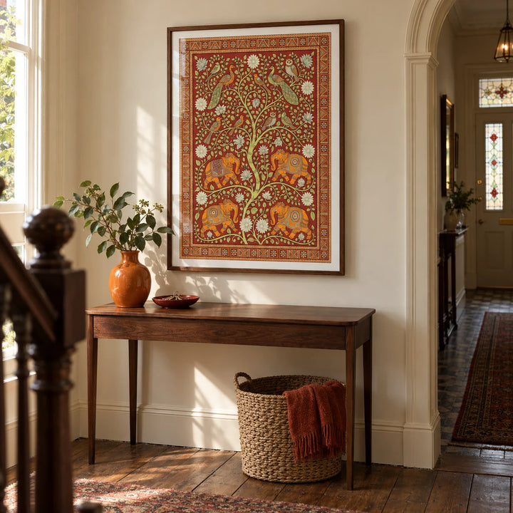 Elephant Tree Wall Art, framed on the wall of a welcoming hallway in a Victorian UK terrace with warm ivory walls