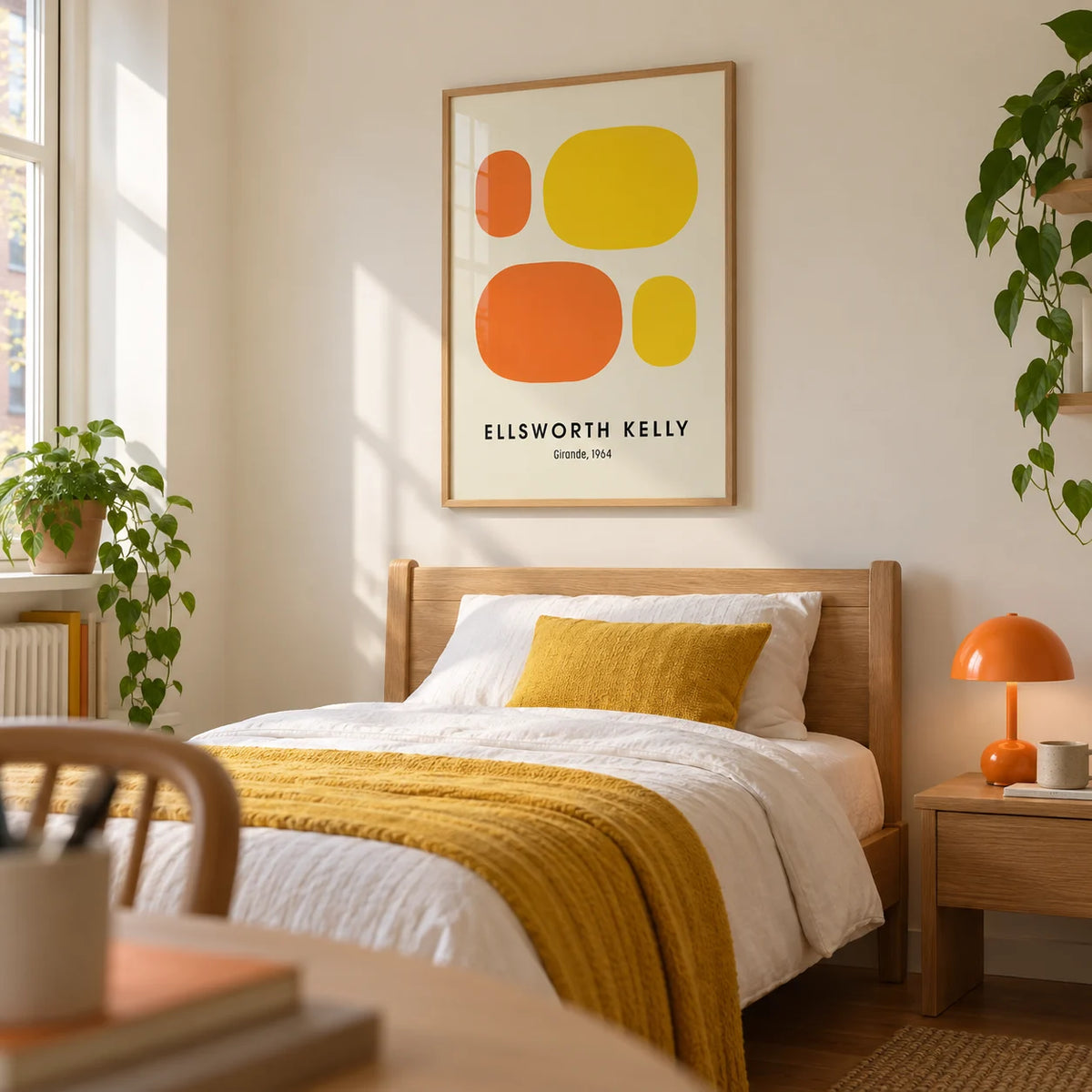 Ellsworth Kelly Prints, framed on the wall of a bright single bedroom in a first flat (22-28) with a soft cream wall