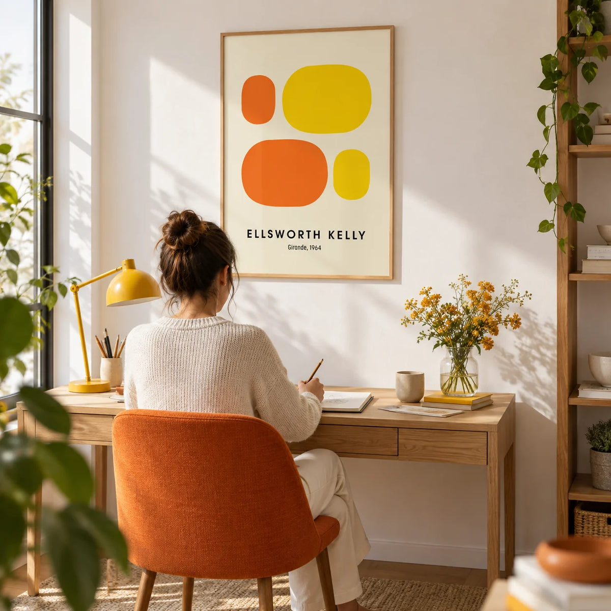 Ellsworth Kelly Prints, framed on the wall of a cheerful home office with a white wall