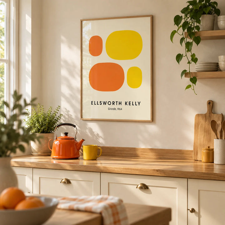 Ellsworth Kelly Prints, framed on the wall of a modern cream kitchen with an oak worktop