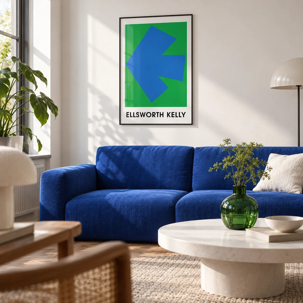 Ellsworth Kelly Art Print, framed on the wall of a design-led city flat living room with a white wall