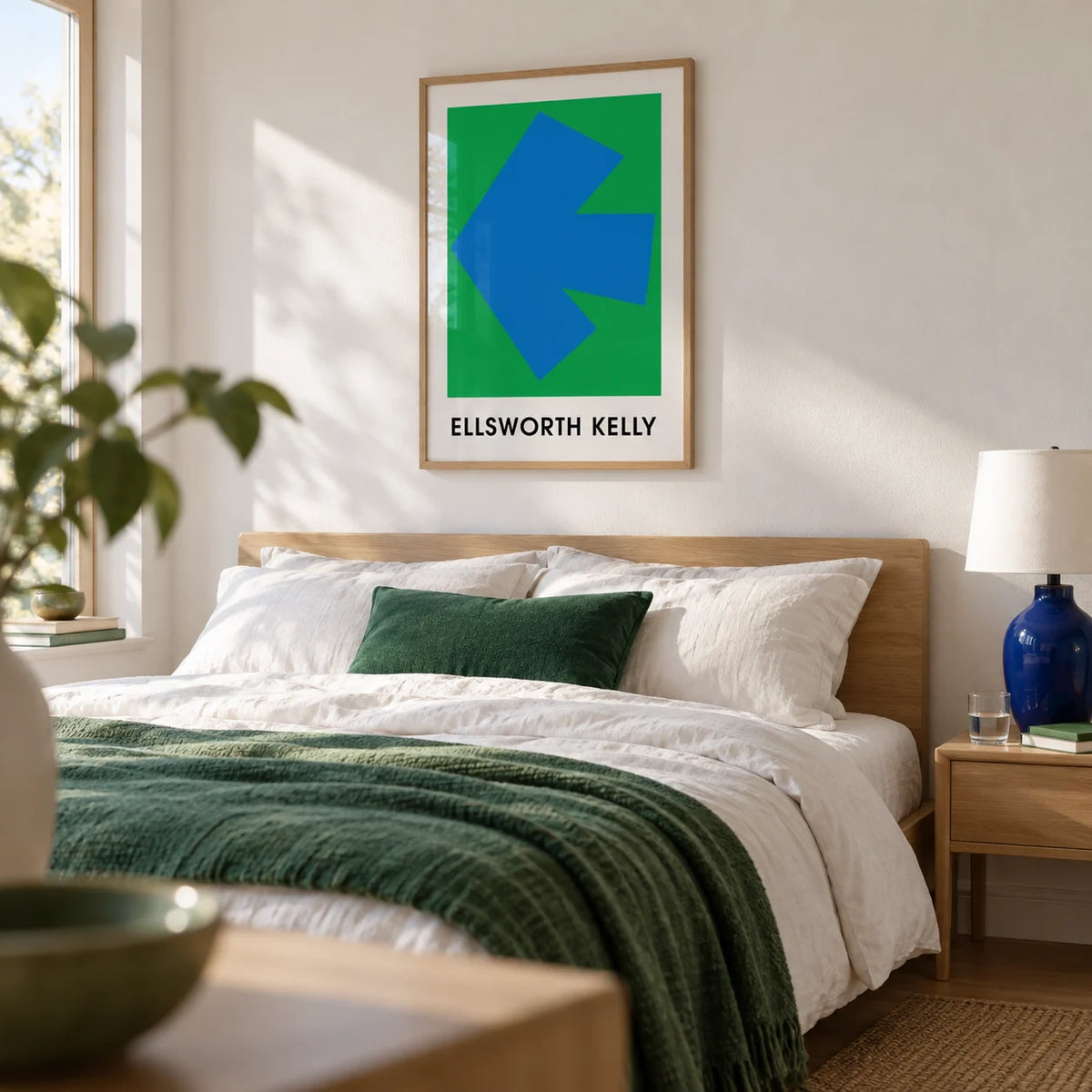 Ellsworth Kelly Art Print, framed on the wall of a modern bedroom with a soft white wall