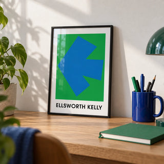 Ellsworth Kelly Art Print, a small A4 framed print leaning on an oak desk