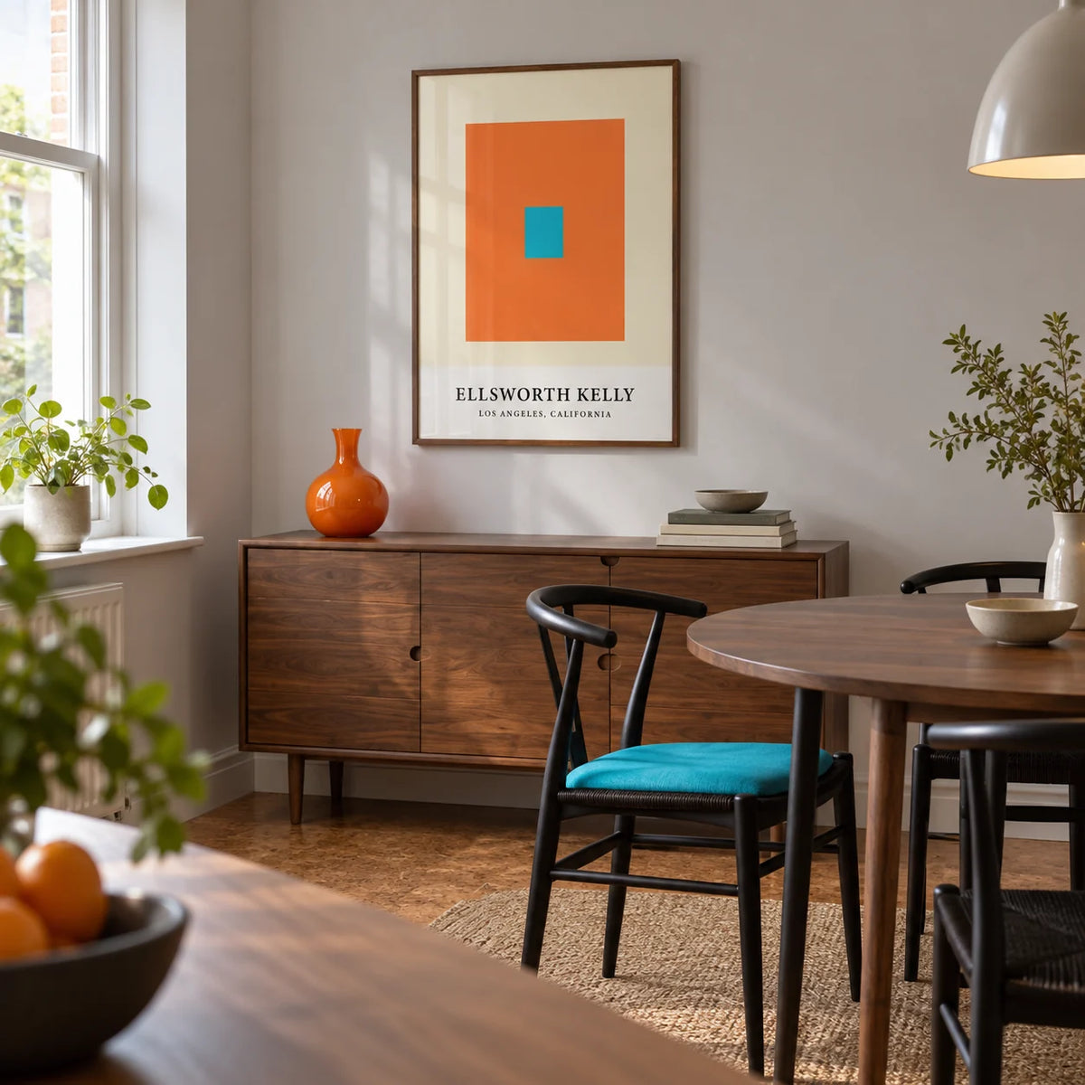 Ellsworth Kelly Artwork, framed on the wall of a compact modern dining room in a UK flat with pale grey walls and a cork floor