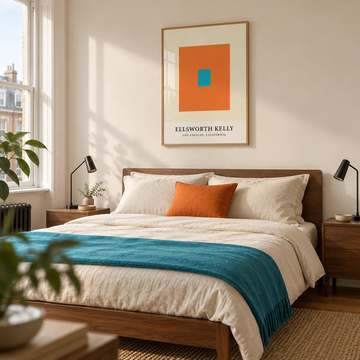 Ellsworth Kelly Artwork, framed on the wall of a modern bedroom in a UK city flat with a cream wall and walnut bedside tables