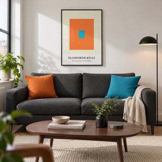 Ellsworth Kelly Artwork, framed on the wall of a modern living room in a UK city flat with chalk-white walls