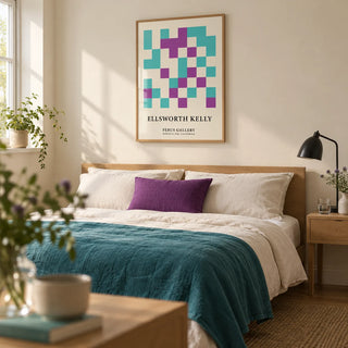 Ellsworth Kelly Pictures, framed on the wall of a crisp contemporary bedroom in a design-conscious couple's UK flat with a warm cream wall