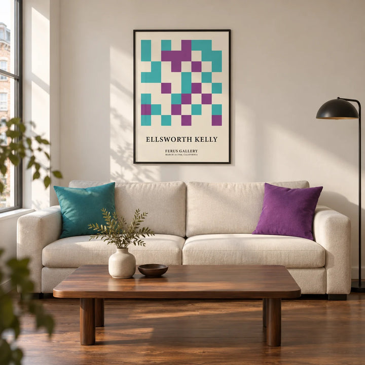 Ellsworth Kelly Pictures, framed on the wall of a modern living room in a UK city flat with warm white walls