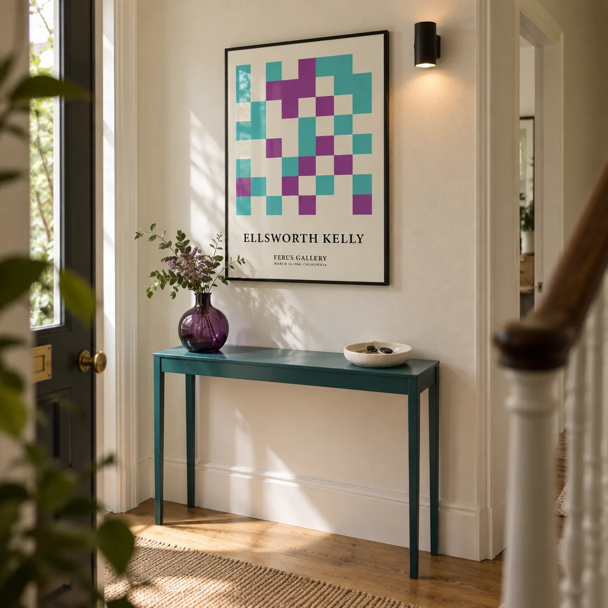 Ellsworth Kelly Pictures, framed on the wall of a narrow entrance hallway in a renovated UK terrace with off-white walls