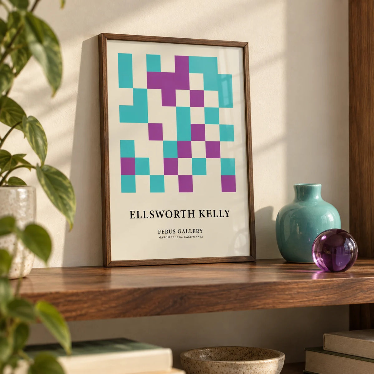 Ellsworth Kelly Pictures, a small A4 framed print leaning on a walnut shelf in a living room