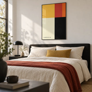 Ellsworth Kelly Poster, framed on the wall of a crisp modern bedroom with a white wall