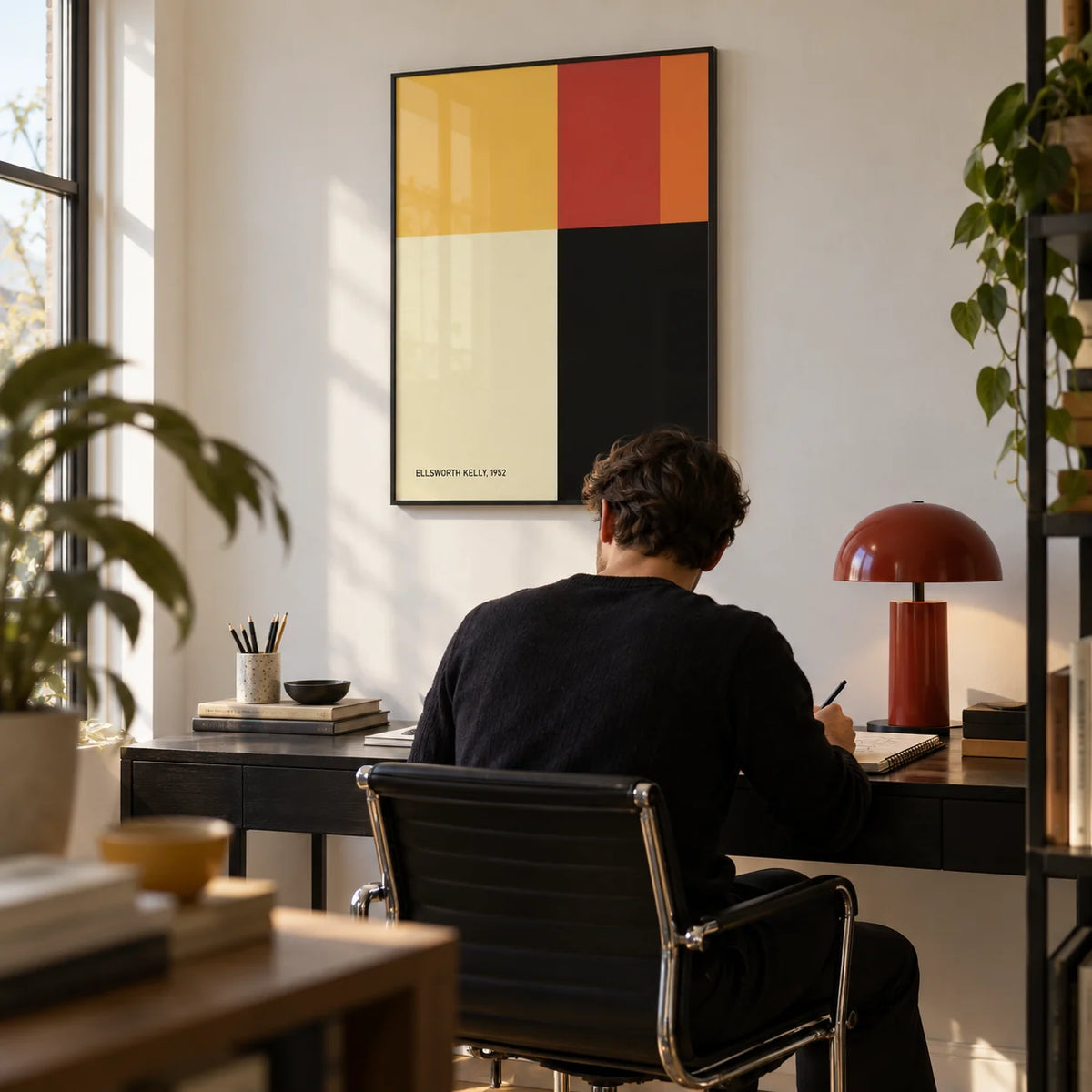 Ellsworth Kelly Poster, framed on the wall of a modern home office with a white wall