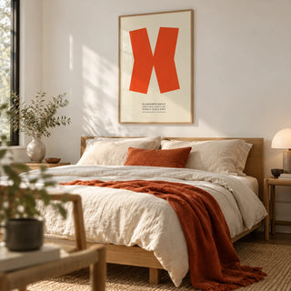 Ellsworth Kelly Print, framed on the wall of a calm modern bedroom with a soft white wall