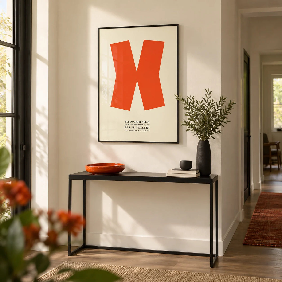 Ellsworth Kelly Print, framed on the wall of a crisp hallway with a cream wall