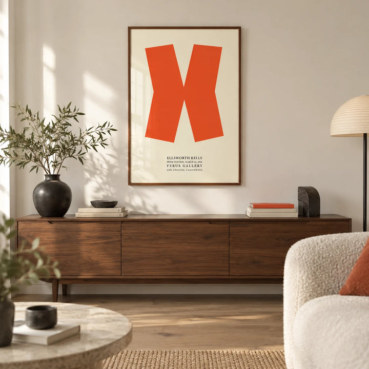 Ellsworth Kelly Print, framed on the wall of a design-led city flat living room with a warm white wall and a pale oak floor
