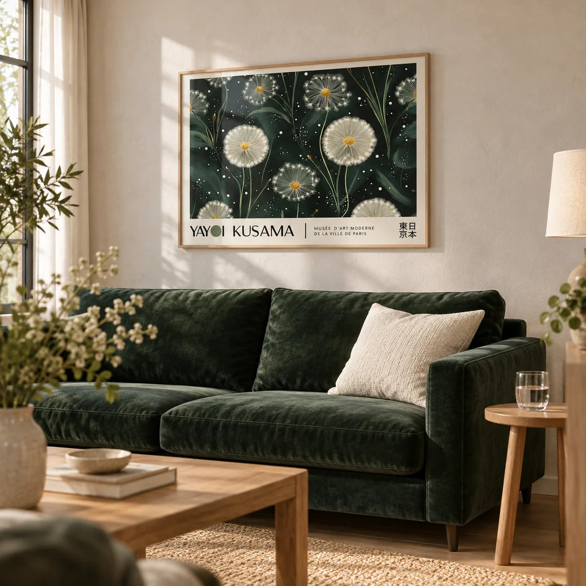 Emerald Green Wall Art, framed on the wall of a calm living room with a soft stone wall and a pale oak floor