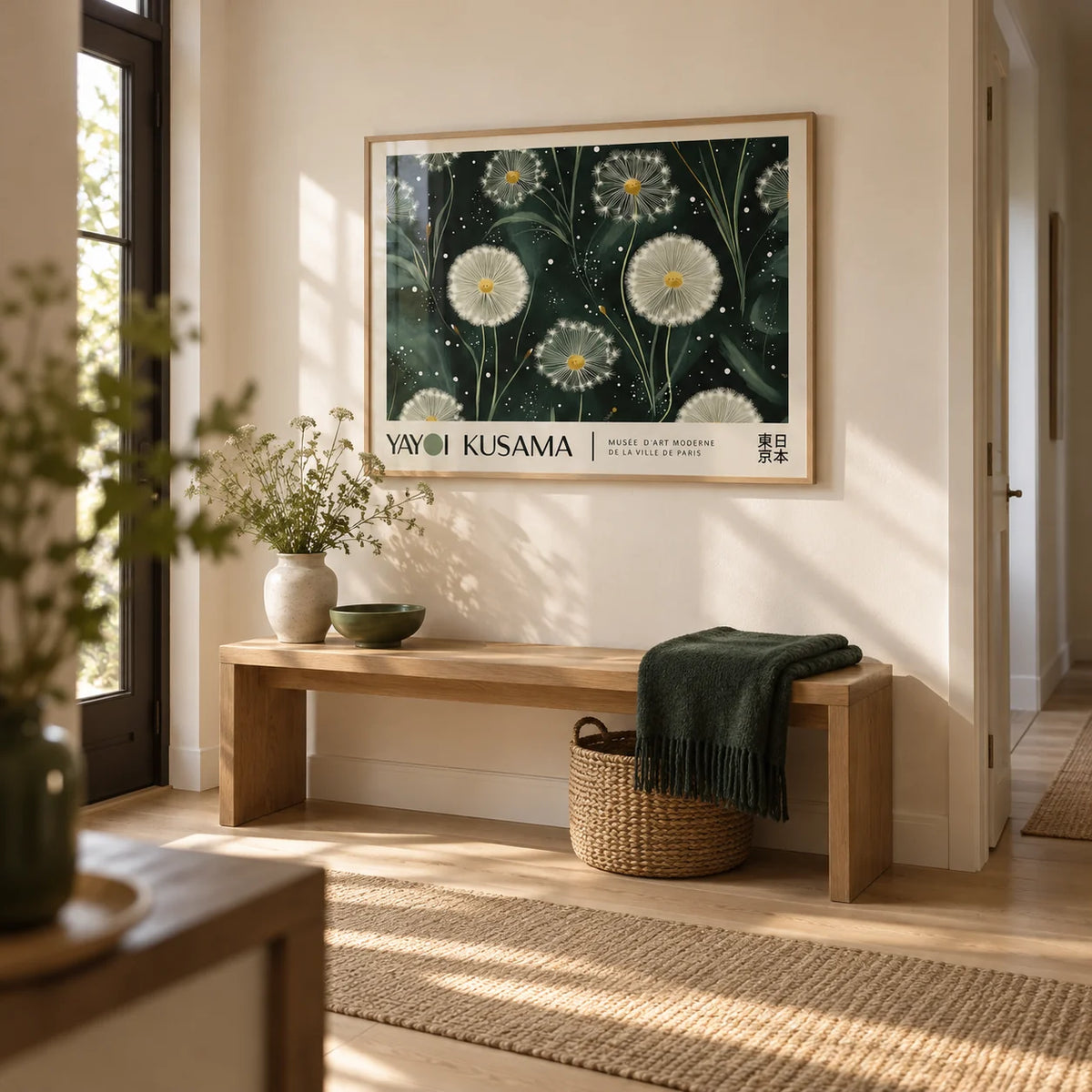 Emerald Green Wall Art, framed on the wall of a long entrance hall with a warm white wall and a pale oak floor