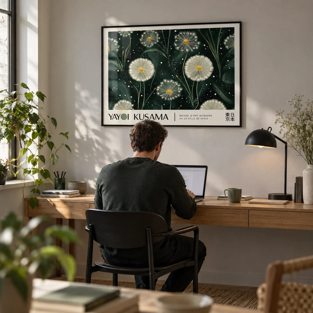 Emerald Green Wall Art, framed on the wall of a quiet home study with a pale grey wall