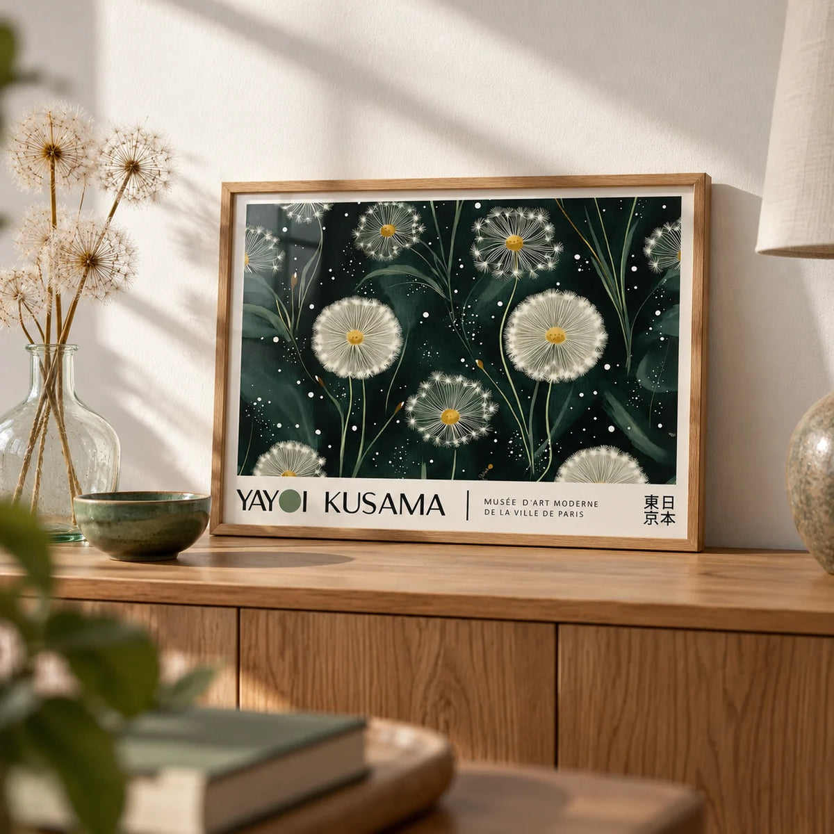 Emerald Green Wall Art, a small A4 framed print leaning on an oak sideboard in a living room