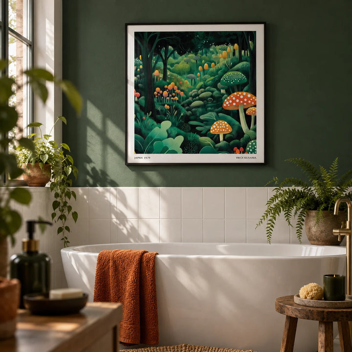 Enchanted Forest Wall Art, framed on the wall of a calm bathroom with a forest green painted wall and white plain tiles below