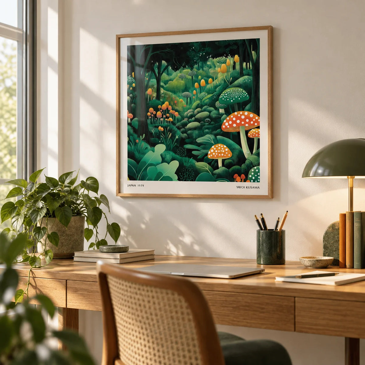 Enchanted Forest Wall Art, framed on the wall of a calm home office with a white wall