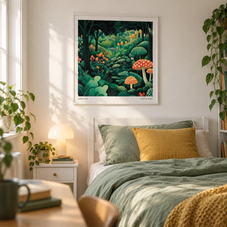 Enchanted Forest Wall Art, framed on the wall of a calm teen girl's bedroom (13-17) with a soft white wall