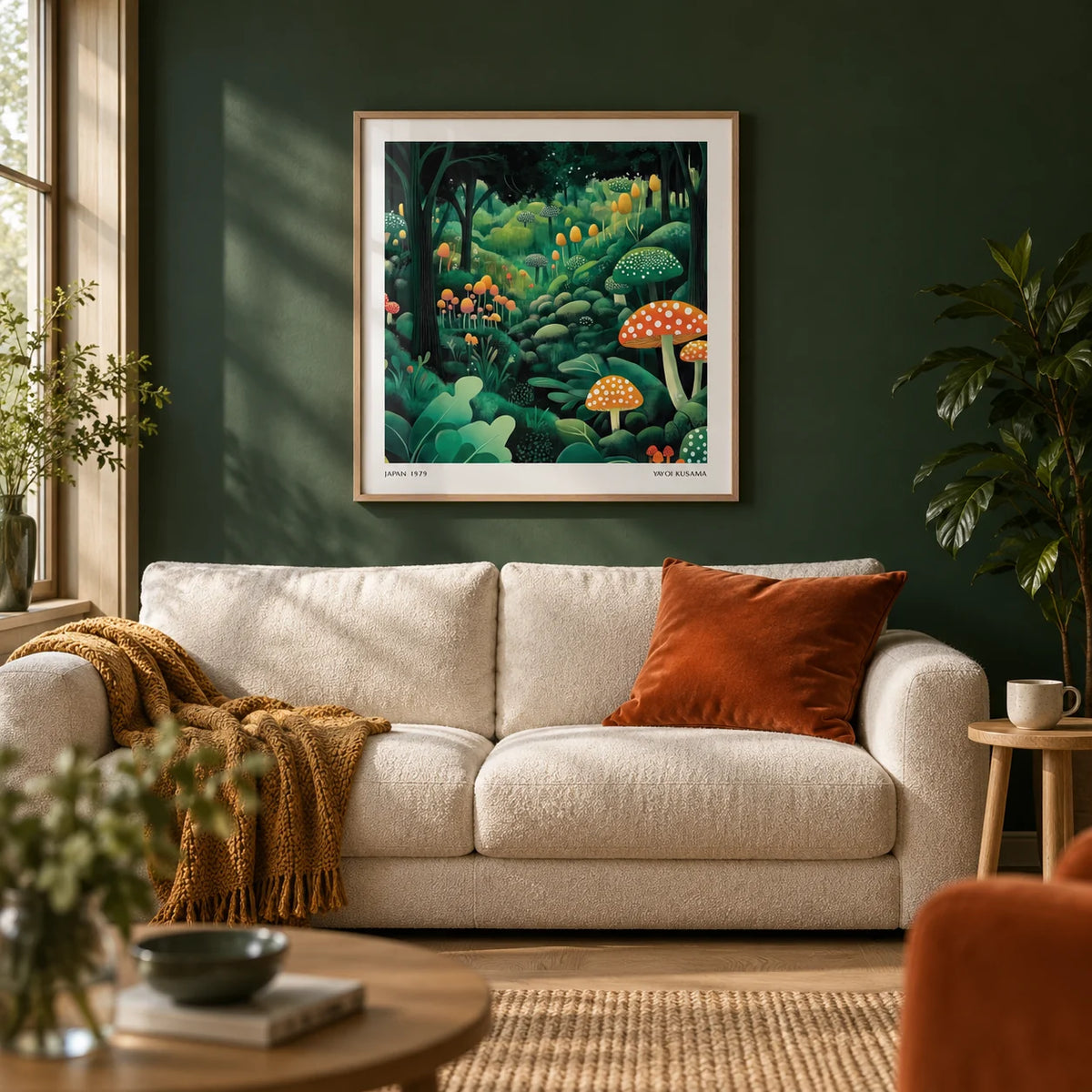 Enchanted Forest Wall Art, framed on the wall of a cosy living room with a deep forest green painted wall and a light oak floor