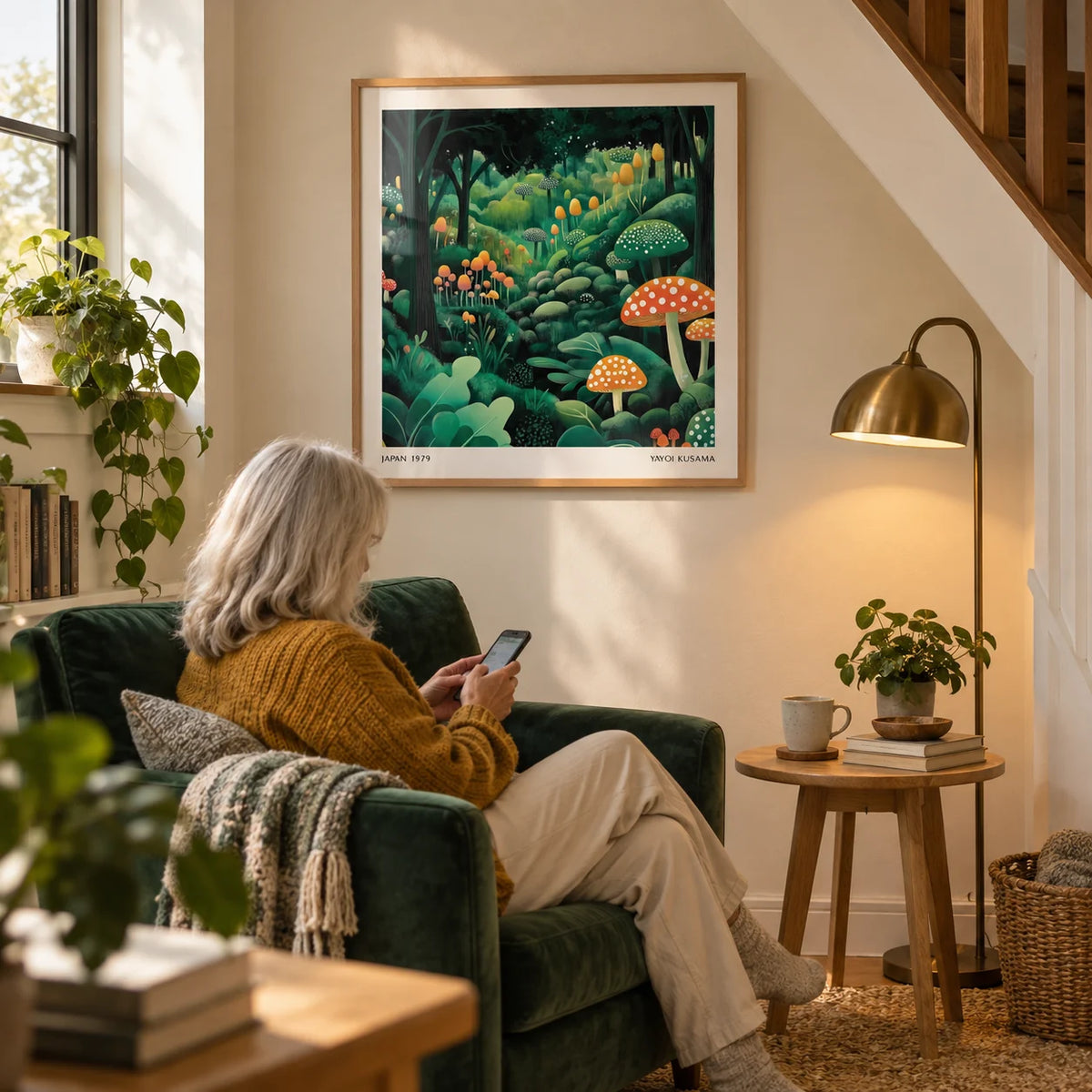 Enchanted Forest Wall Art, framed on the wall of a cosy reading nook under the stairs with a warm white wall in a living room