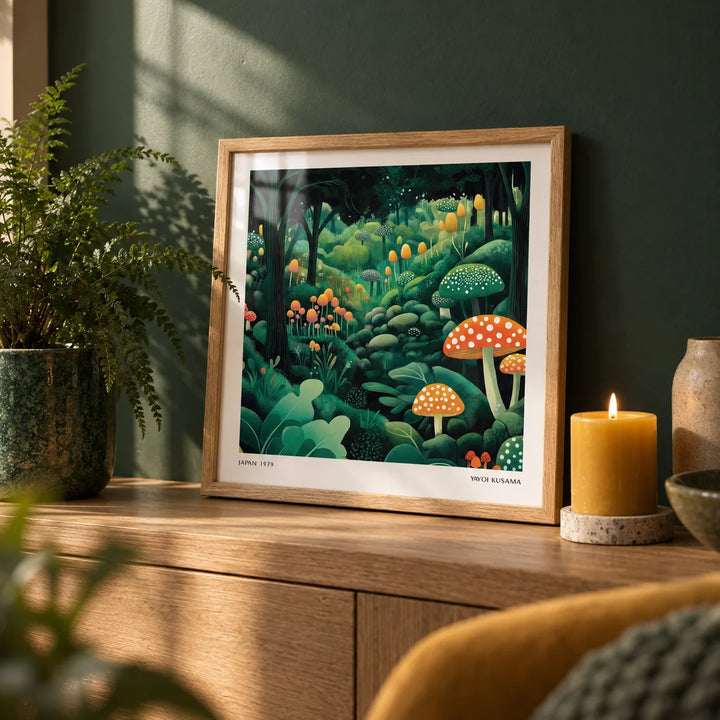 Enchanted Forest Wall Art, a small A4 framed print leaning on an oak shelf in a living room
