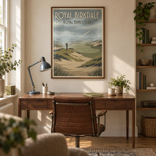 English Links Golf Art, framed on the wall of a characterful study in a British terraced house with warm cream walls and oak floorboards