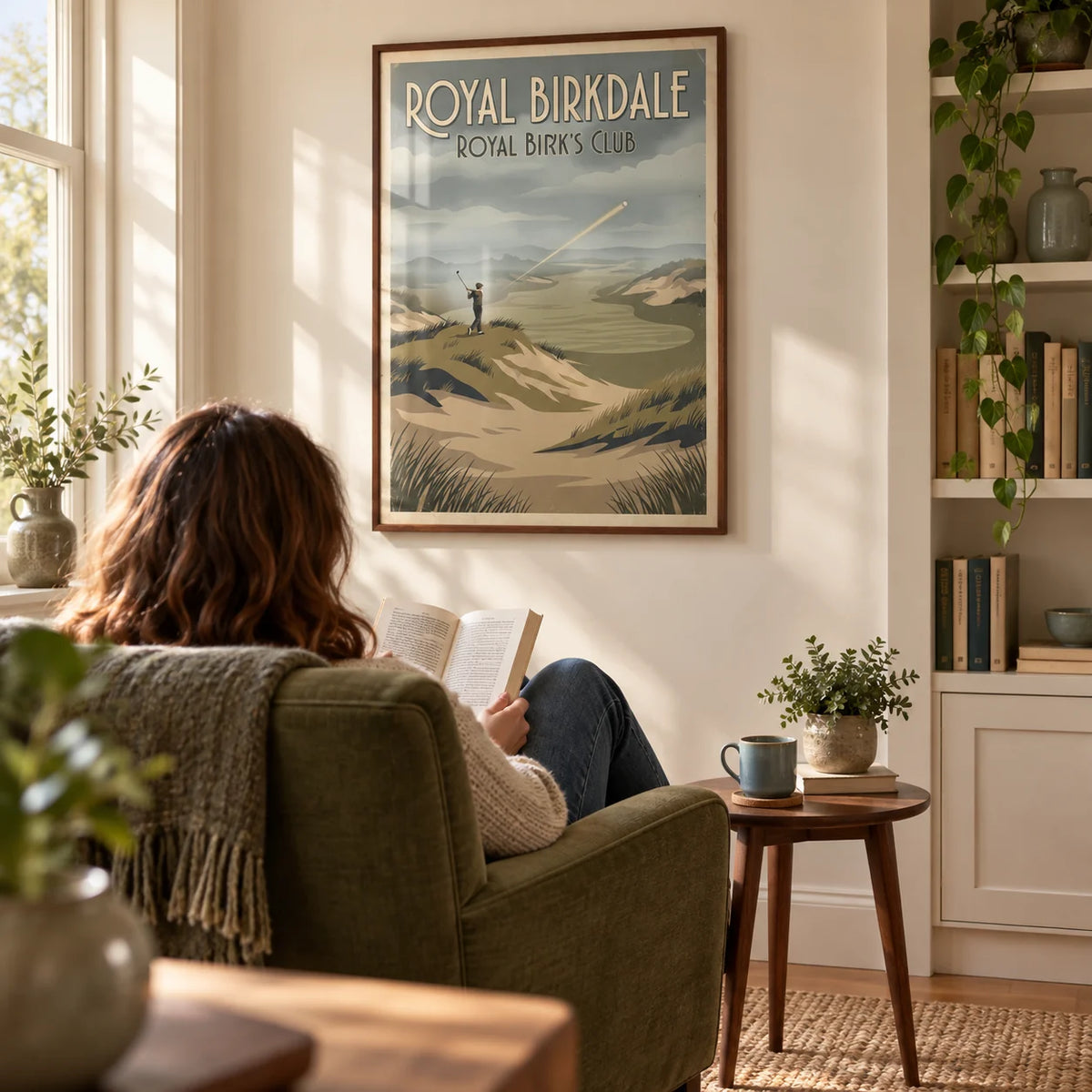 English Links Golf Art, framed on the wall of a quiet reading corner in a British semi-detached home with a cream wall and a low built-in bookcase in a living room