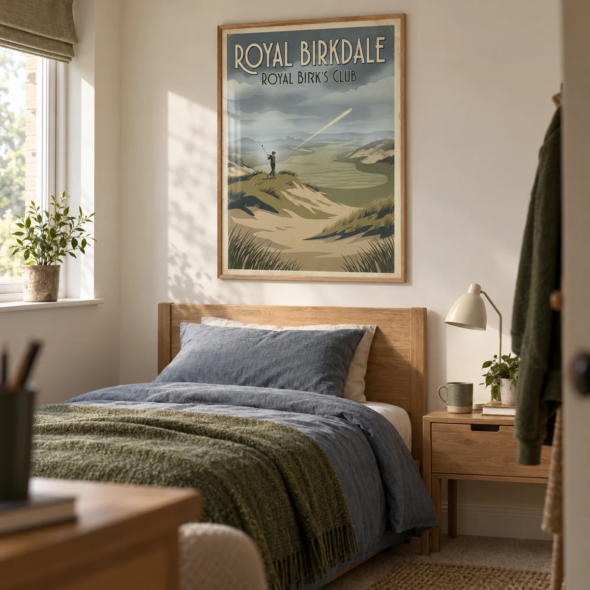 English Links Golf Art, framed on the wall of a young adult golfer's single bedroom (18-25) in a UK family home with a warm white wall