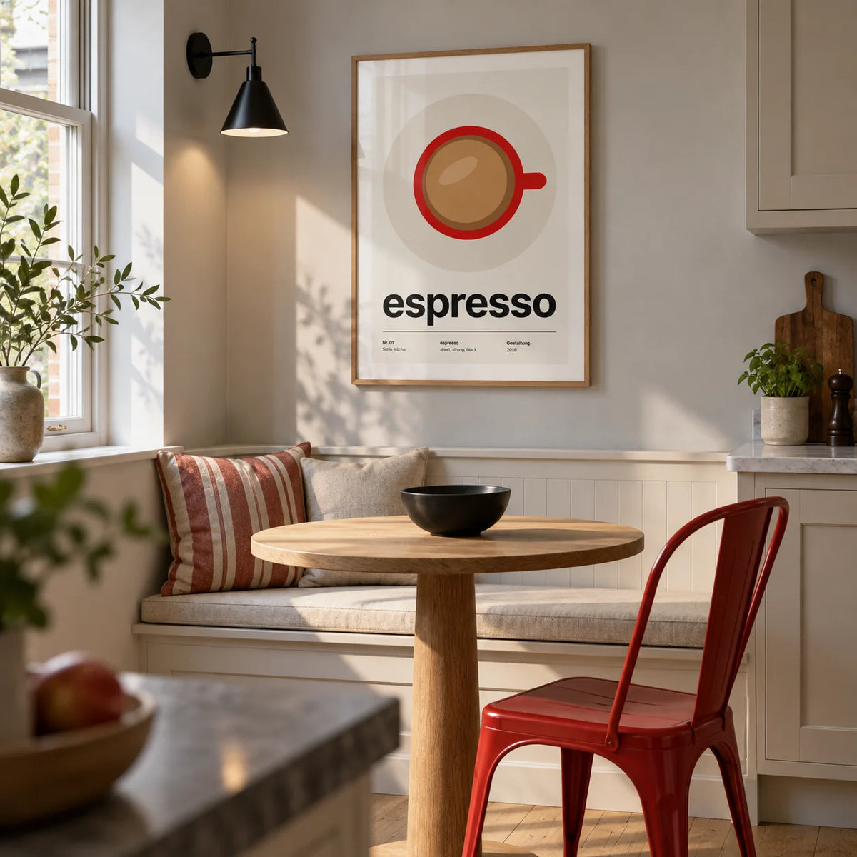 Espresso Cup Print, framed on the wall of a compact breakfast nook in a renovated UK terrace kitchen with pale grey walls and a built-in cream bench