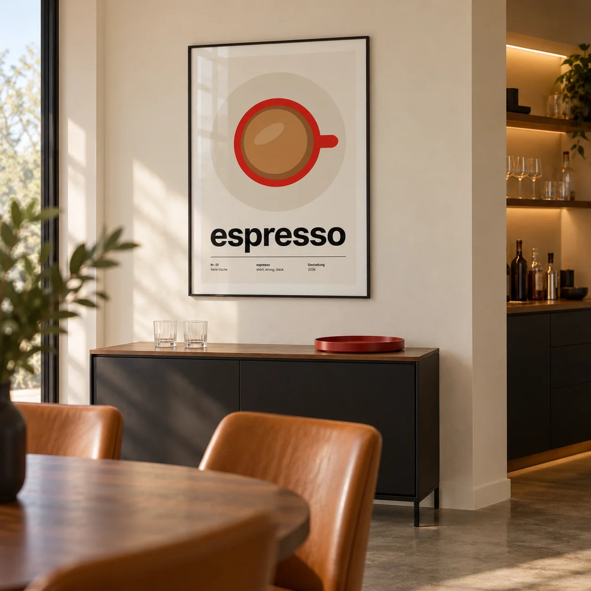 Espresso Cup Print, framed on the wall of a contemporary dining room with a home bar alcove