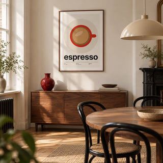 Espresso Cup Print, framed on the wall of a design-led dining room in a Victorian terrace with warm white walls and oak floorboards