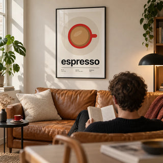 Espresso Cup Print, framed on the wall of a modern living room in a first UK flat for a coffee-loving adult (25-35)