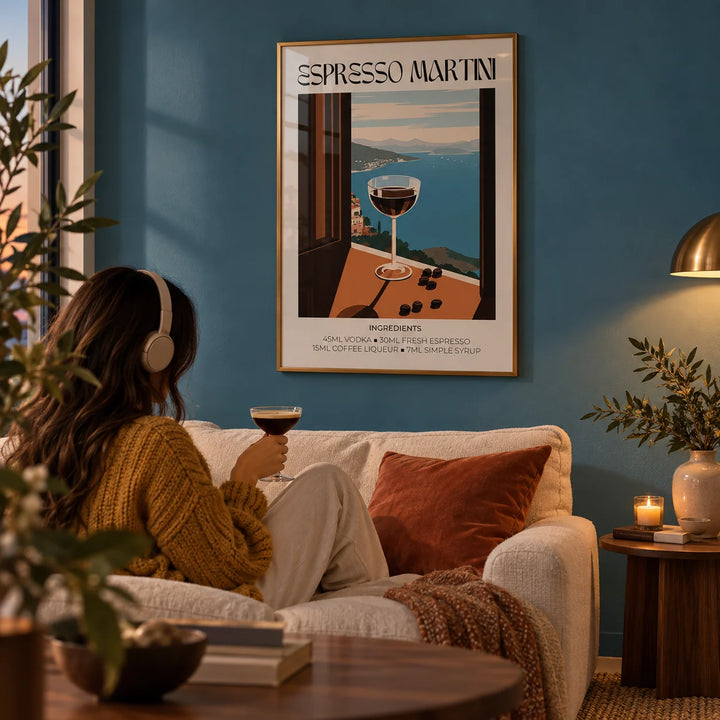 Espresso Martini Poster, framed on the wall of a cosy evening living room with a sea blue painted wall