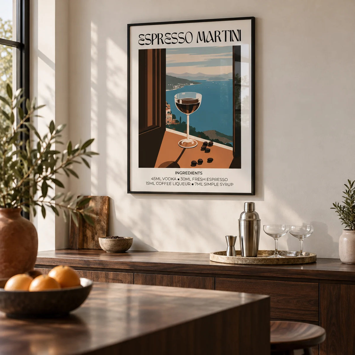 Espresso Martini Poster, framed on the wall of a modern kitchen with a white wall and a dark walnut island