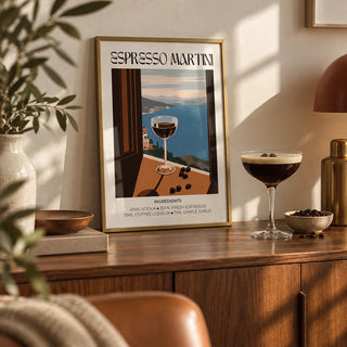 Espresso Martini Poster, a small A4 framed print leaning on a shelf in a living room
