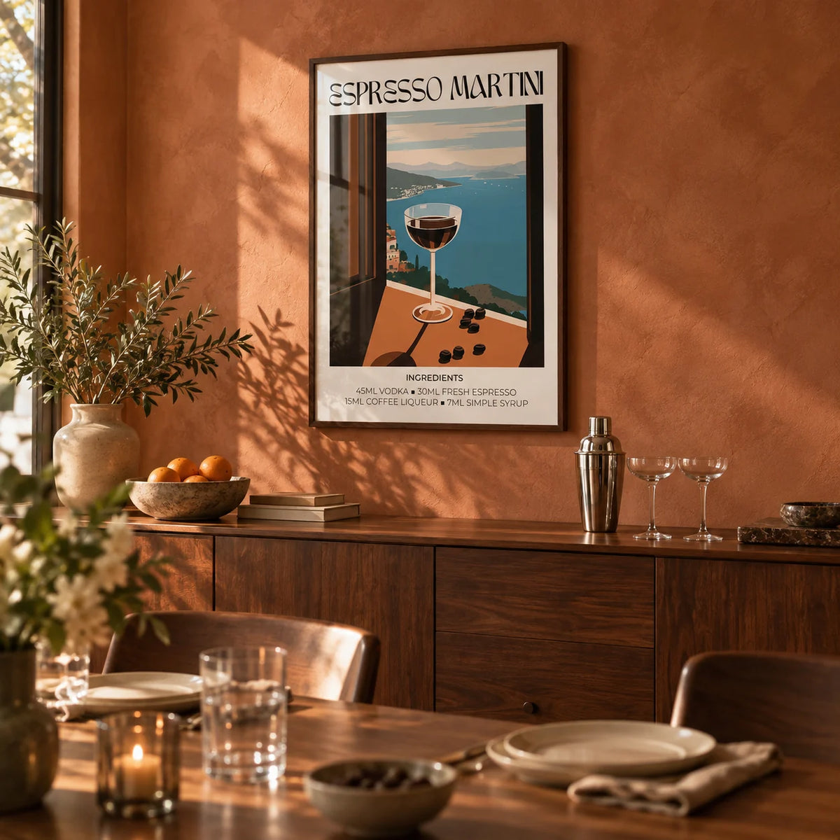 Espresso Martini Poster, framed on the wall of a warm dining room with a terracotta limewashed wall