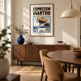 Espresso Martini Print, framed on the wall of a design-led dining room in a renovated UK terrace with warm white walls and oak floorboards