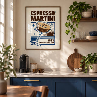 Espresso Martini Print, framed on the wall of a modern kitchen in a UK first flat for a couple aged 25-32