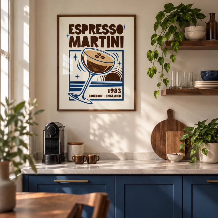 Espresso Martini Print, framed on the wall of a modern kitchen in a UK first flat for a couple aged 25-32