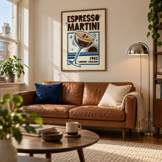 Espresso Martini Print, framed on the wall of a retro modern living room in a UK city flat with a warm white wall and a low walnut coffee table