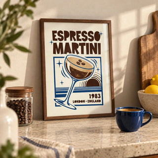 Espresso Martini Print, a small A4 framed print leaning on a pale stone kitchen worktop