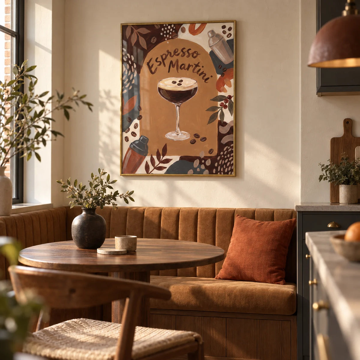 Espresso Martini Wall Art, framed on the wall of a compact kitchen-diner in a renovated UK terrace with a cream plaster wall and a built-in caramel upholstered banquette