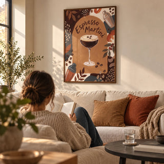 Espresso Martini Wall Art, framed on the wall of a cosy living room in a first owned UK flat for a couple aged 28-35